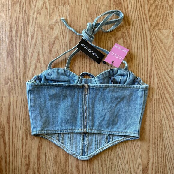 Petite Light Blue Wash Denim Corset Top Size 00 Halter Neck PrettyLittleThing - Picture 3 of 7